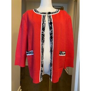 St John Knit Red Black White Trimmed Cardigan Sweater Jacket Women‎ L
